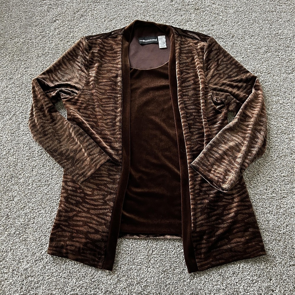Sag Harbor Dress Top Womens 12 Brown Animal Print Velvet Jacket Shoulder Pads